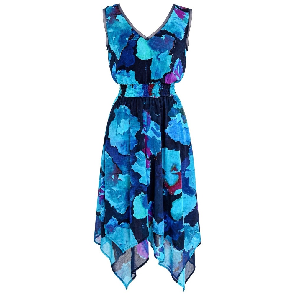 Simply Vera Wang Floral Midi Dress Size S Blue Teal Asymmetrical Hem Artsy Boho